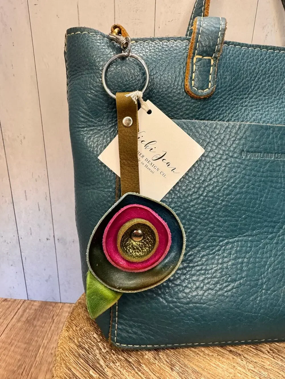 Genuine Leather Round Flower Purse Charm Blue Fuchsia Green Boho Bag Charm